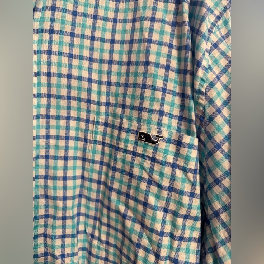 Vineyard Vines Blue Aqua Checkered Button Front Shirt 4XB - Picture 3 of 4